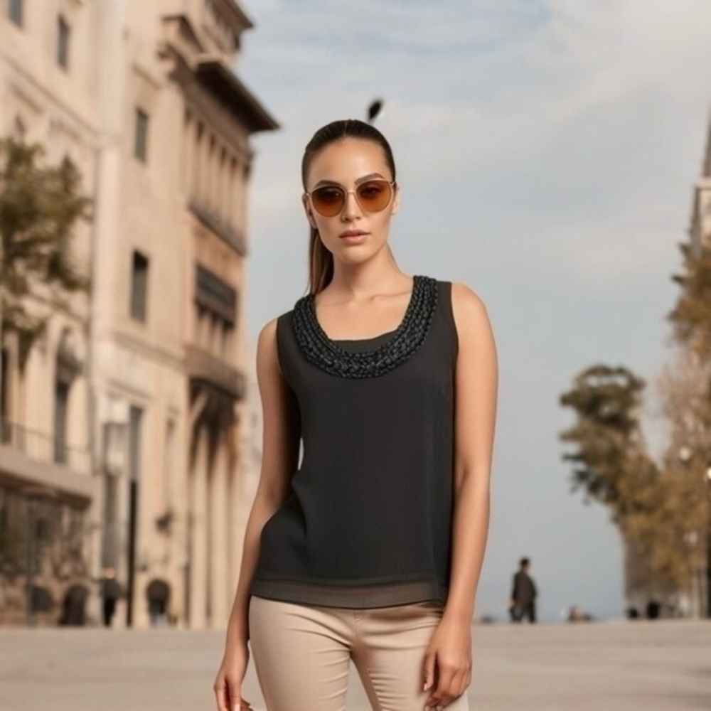 DANA BUCHMAN Women's Black Sheer Sleeveless Tank Blouse Size S Chain Detail NWT - Picture 1 of 7